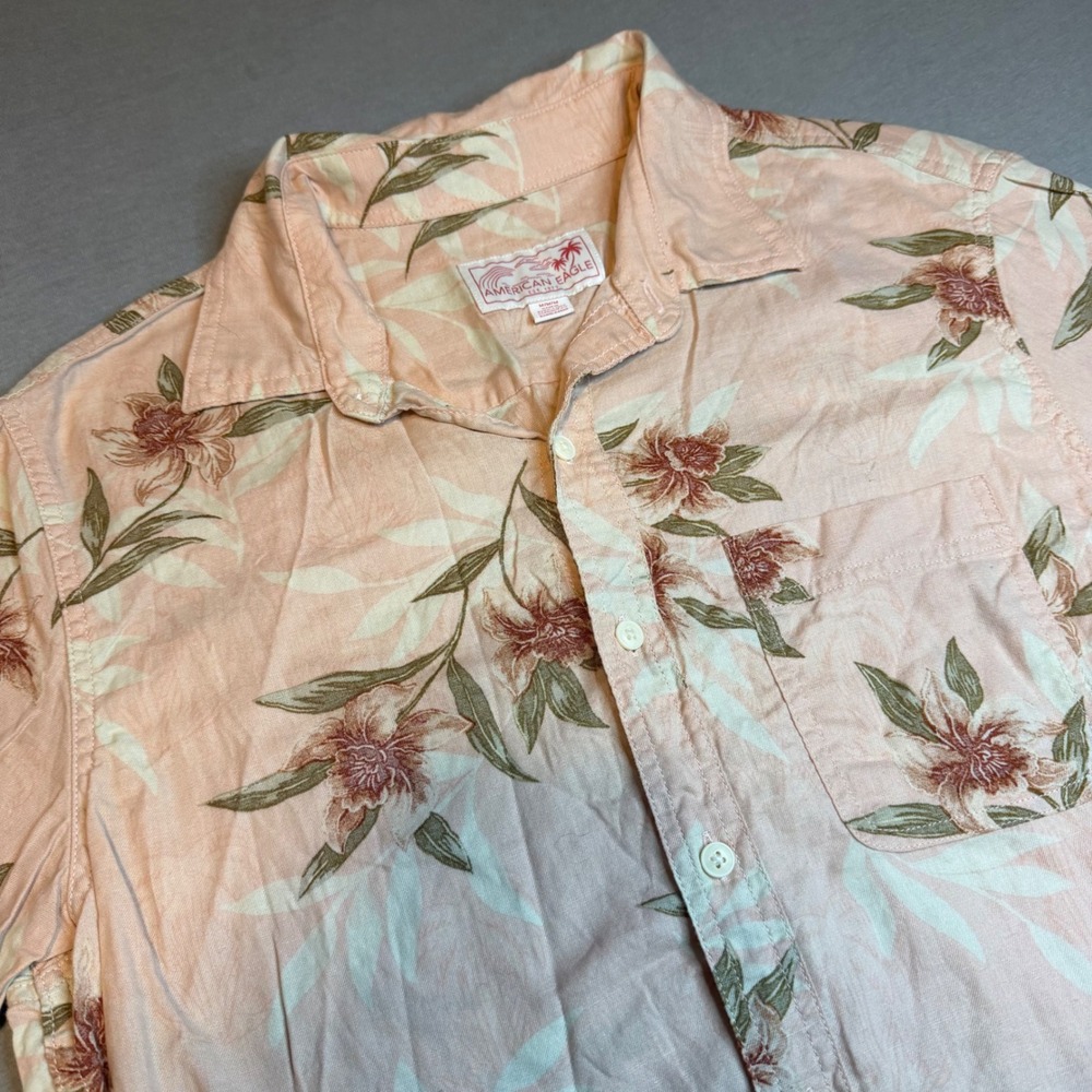 American‎ Eagle Mens Peach Floral Tropical Cotton Linen Button Down Shirt Medium